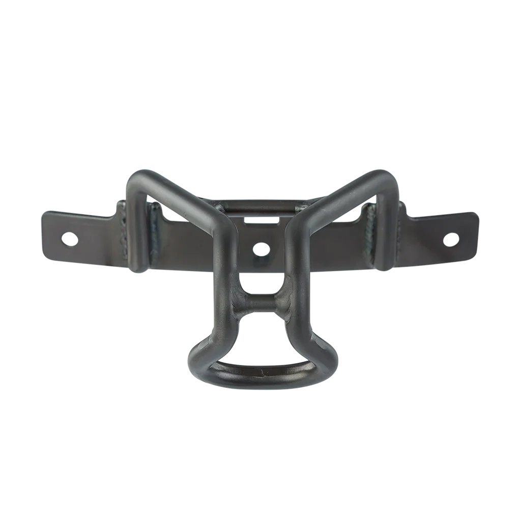 A black metal mounting bracket with a central protective cage and two flat mounting plates with screw holes, shown on a plain white background.