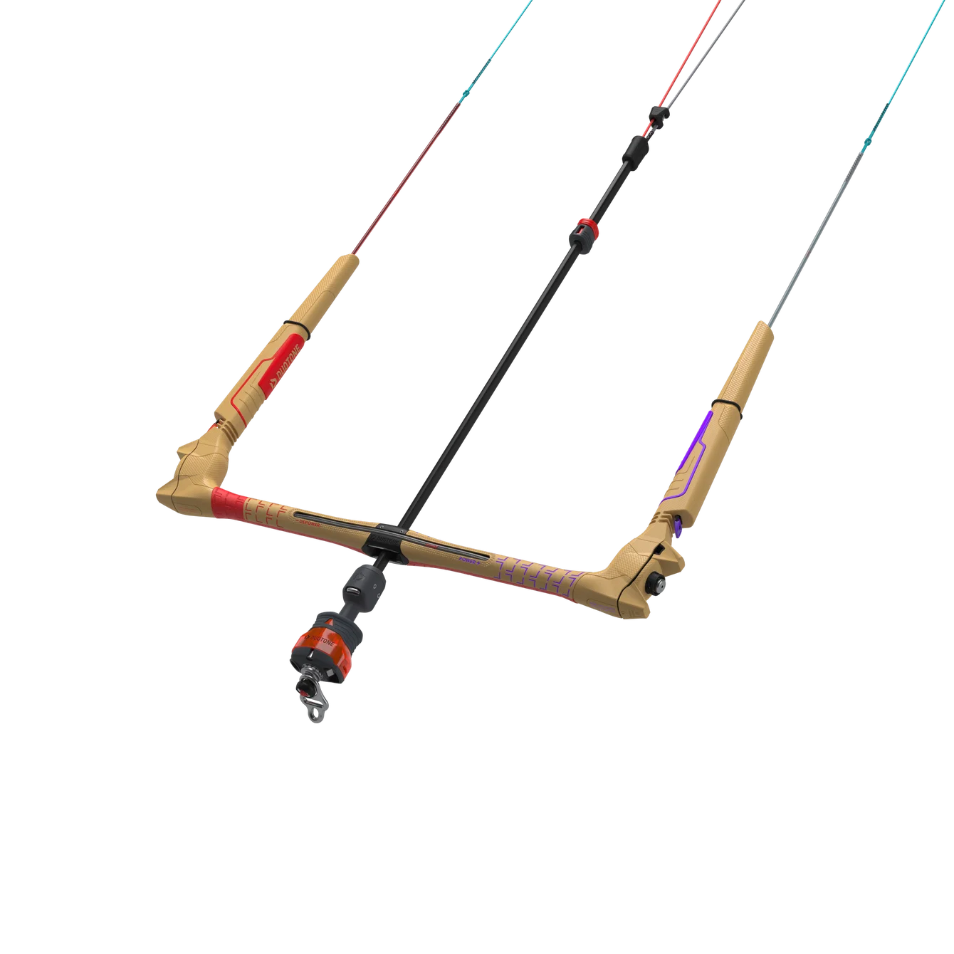 Gold and red kiteboarding control bar with safety leash on a white background.