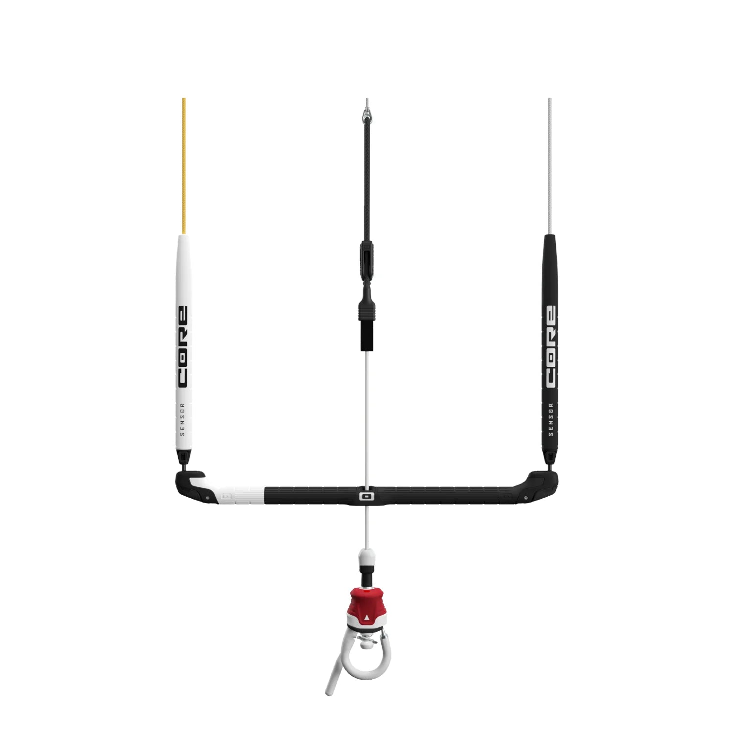 Core Sensor 3S Pro kiteboarding control bar with black and white grip and safety leash on a white background.