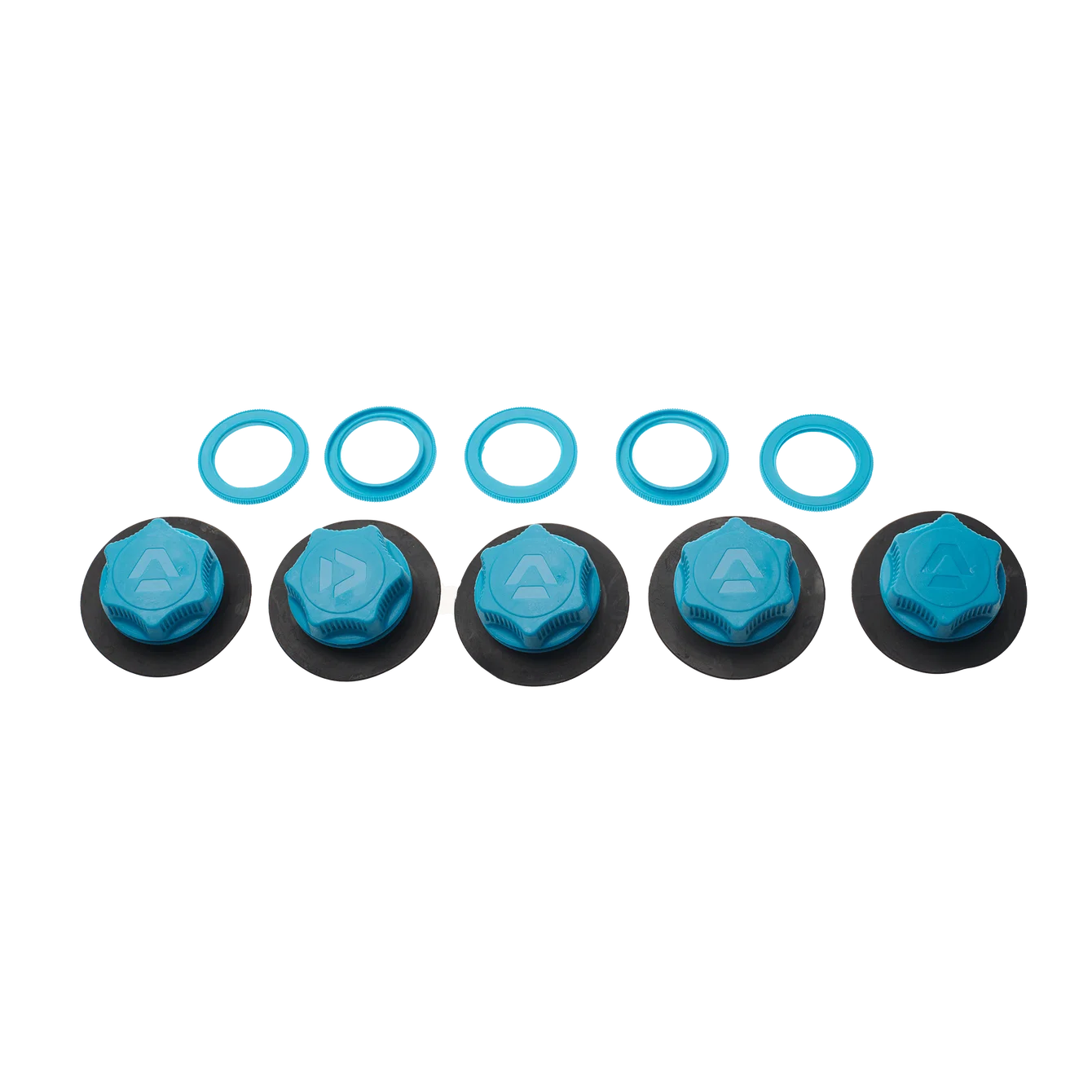Set of blue kiteboarding control bar end caps and washers on a transparent background.
