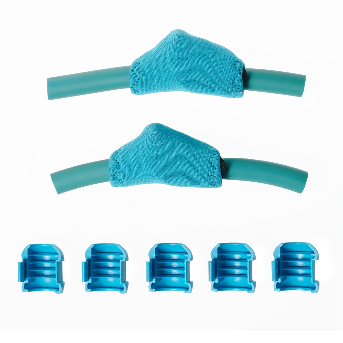 Two green tubes with blue foam sleeves and five blue connectors on a white background