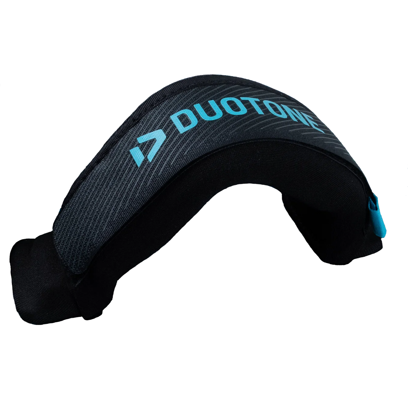 A black and dark gray Duotone protective headcover for a sports equipment, featuring a curved shape with a textured pattern and bright blue branding.