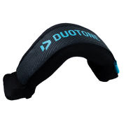A black and dark gray Duotone protective headcover for a sports equipment, featuring a curved shape with a textured pattern and bright blue branding.