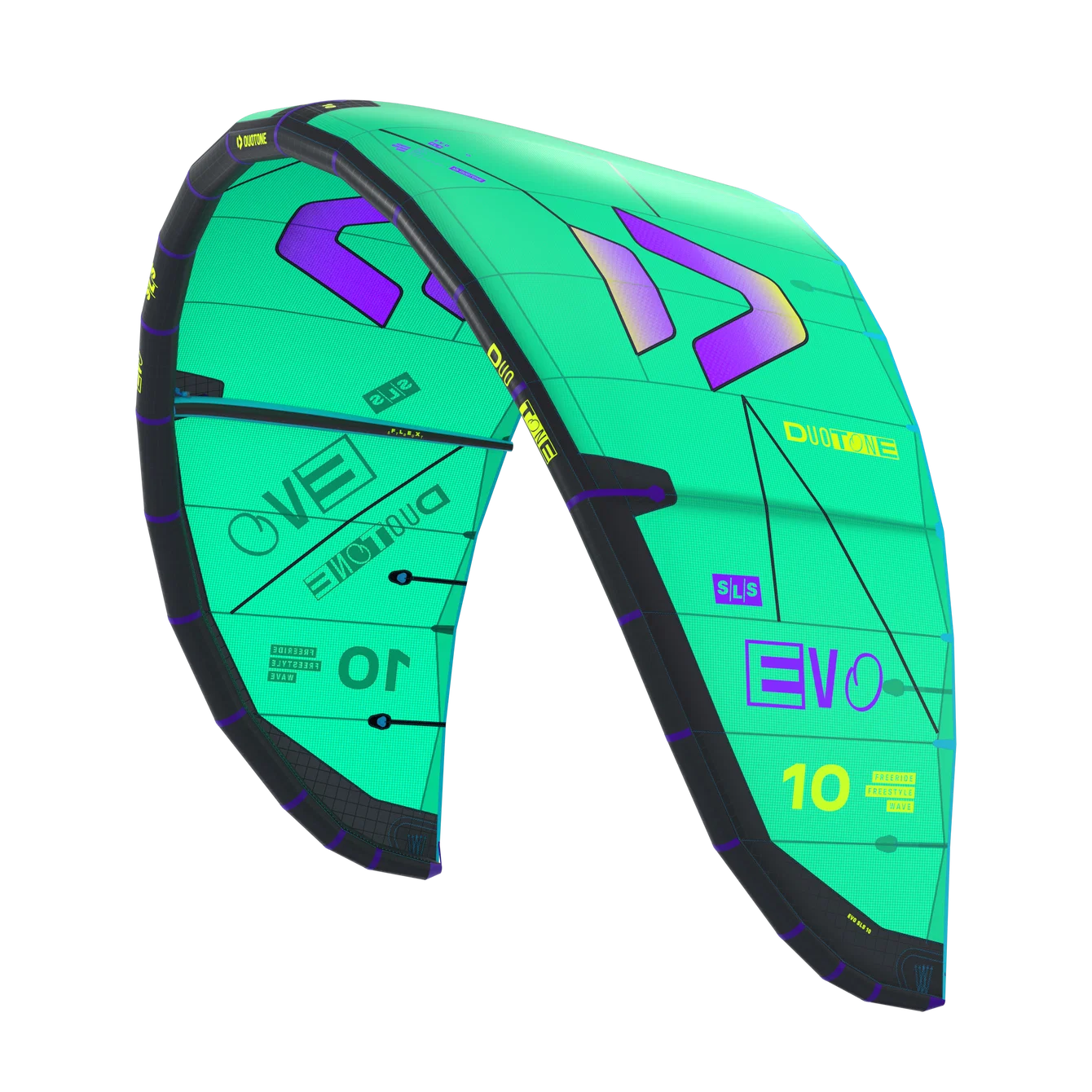 Green and purple EVO kite on a white background