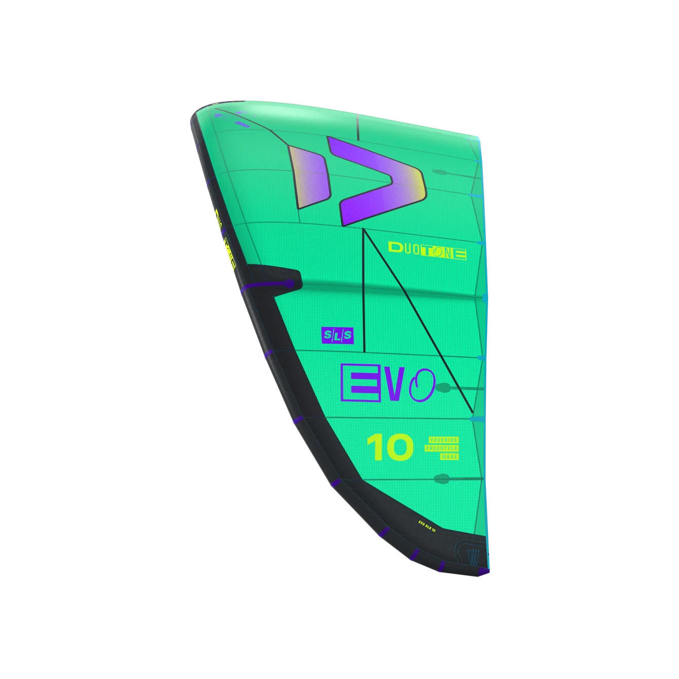 Duotone Evo DLab 12 kiteboarding kite, side view in green, purple, and yellow.