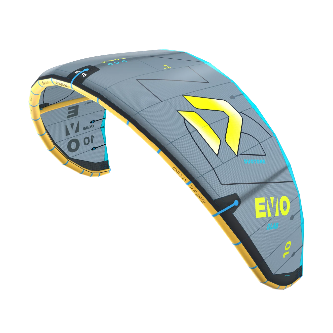 Duotone Evo DLab 10 kiteboarding kite on a white background.