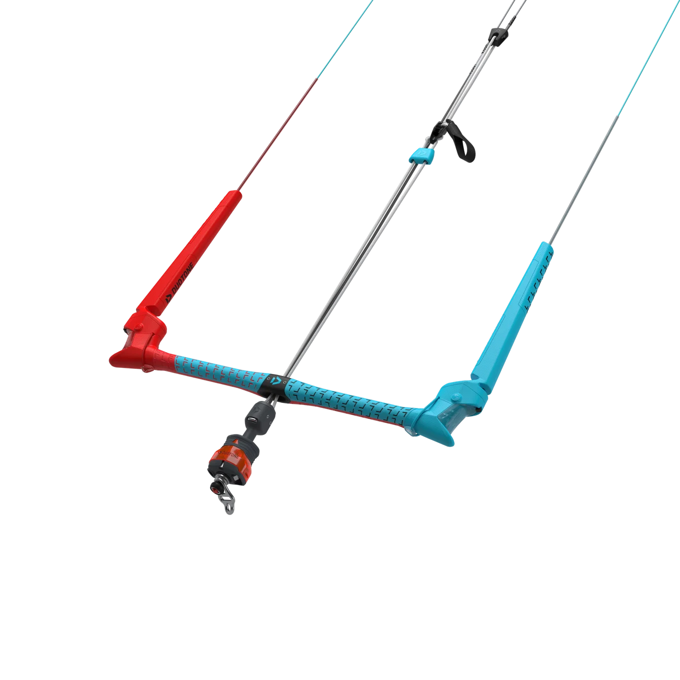 Colorful kite bar with red, blue, and black components on a white background