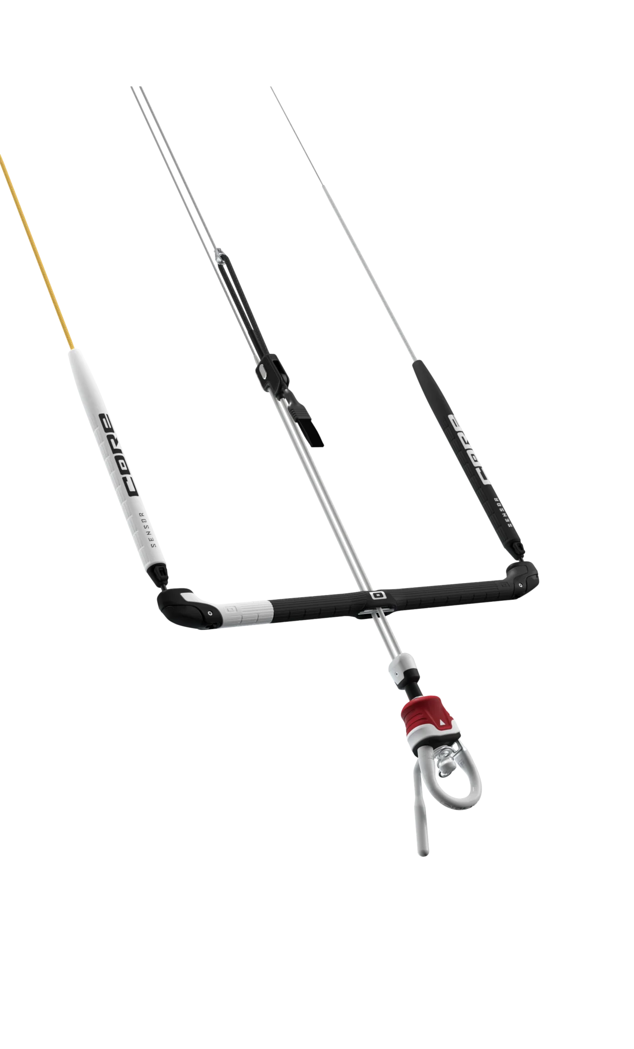 Core Sensor 3S Pro kiteboarding control bar, diagonal view showing the bar and lines on a transparent background.
