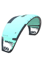 Turquoise and black F-One Bandit 17 kiteboarding kite on a white background
