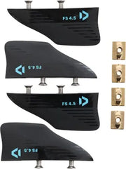 Four black carbon fiber surfboard fins with silver mounting screws and four gold-toned hardware pieces, labeled FS 4.5, on a white background.