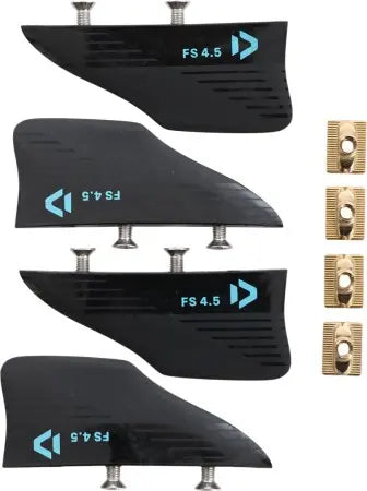 Four black carbon fiber surfboard fins with silver mounting screws and four gold-toned hardware pieces, labeled FS 4.5, on a white background.